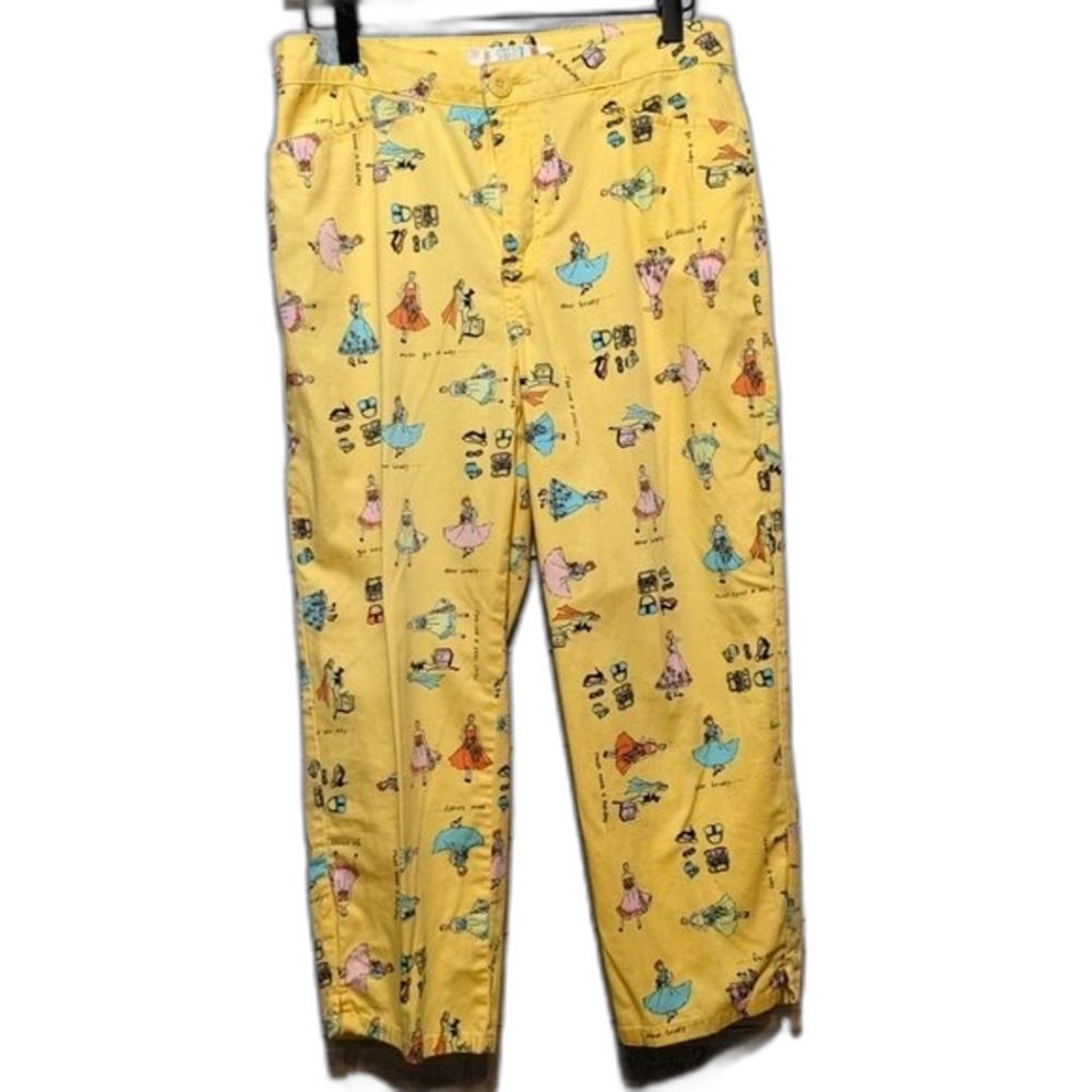 Vintage Bill Blass Capri Pants Yellow Woman Pattern Cotton Euc How Lovely Sz 8 — image 2 of 8